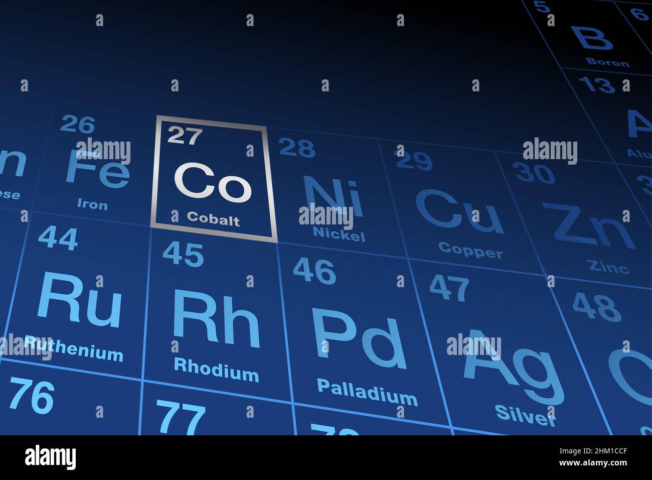 Element cobalt on the periodic table of elements. Ferromagnetic transition metal, with element symbol Co, and atomic number 27. Stock Photo