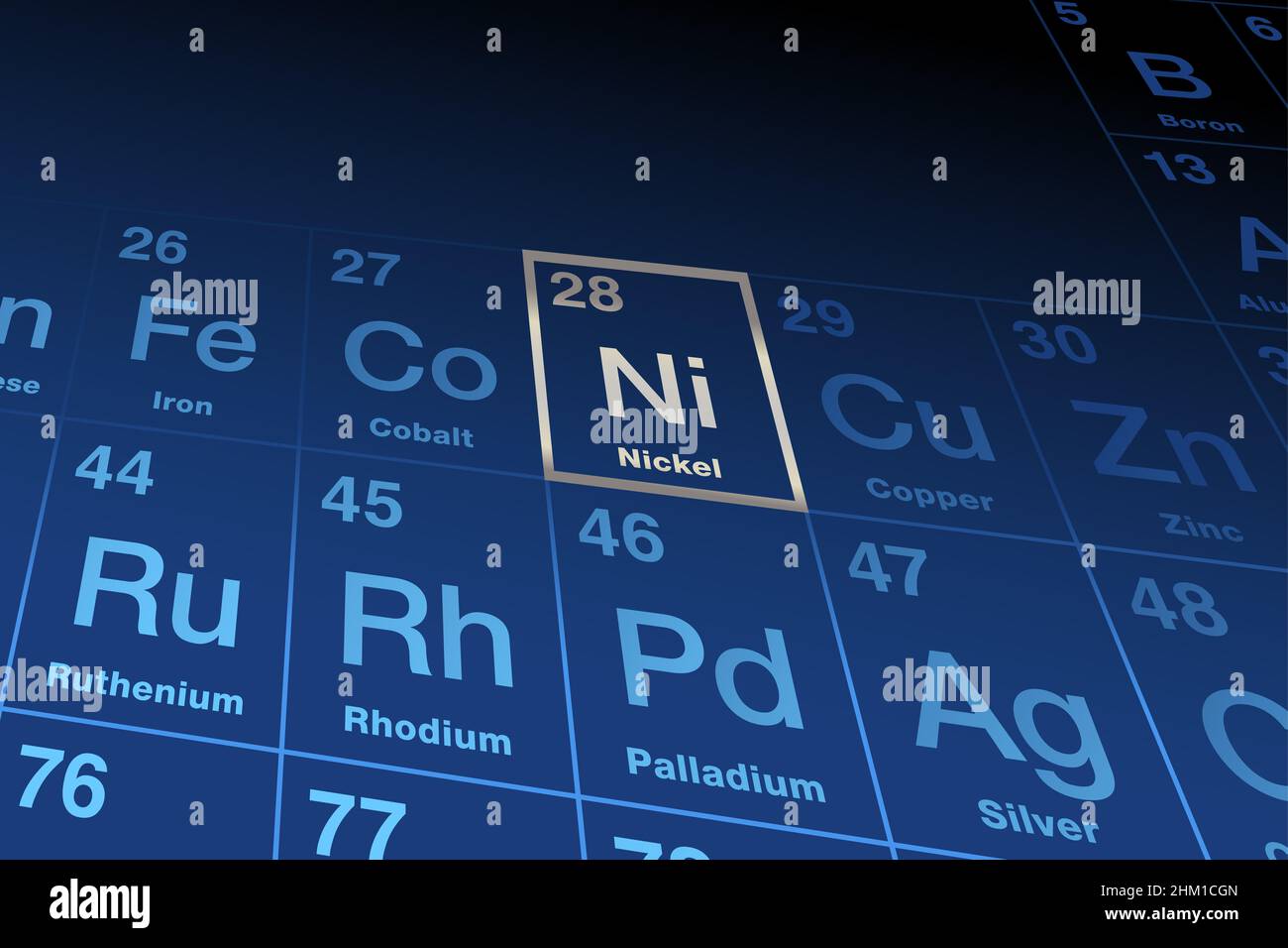 Element nickel on the periodic table of elements. Ferromagnetic transition metal, with element symbol Ni, and atomic number 28. Stock Photo