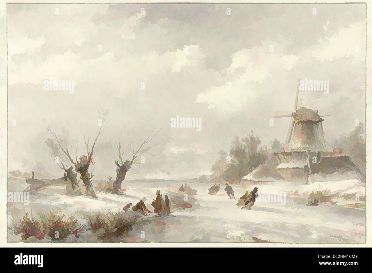 Art inspired by Winter landscape with water striders by a windmill, draughtsman: Lodewijk Johannes Kleijn, 1827 - 1897, paper, pencil, brush, height 209 mm × width 313 mm, Classic works modernized by Artotop with a splash of modernity. Shapes, color and value, eye-catching visual impact on art. Emotions through freedom of artworks in a contemporary way. A timeless message pursuing a wildly creative new direction. Artists turning to the digital medium and creating the Artotop NFT Stock Photo