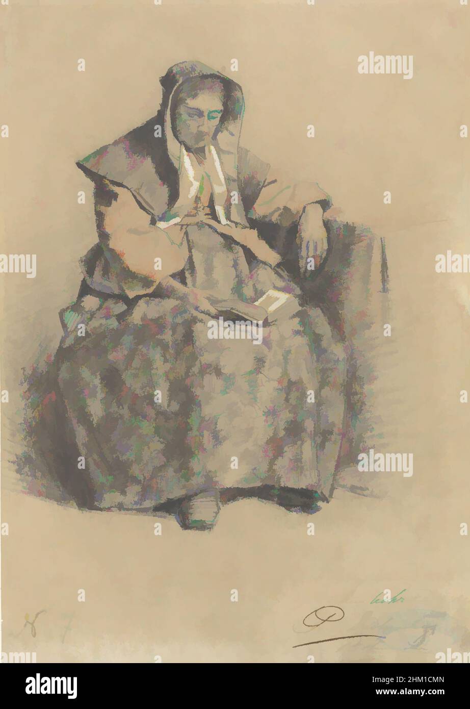 Art inspired by Seated woman with book, draughtsman: Lambertus Lingeman, 23-Mar-1851, paper, chalk, height 294 mm × width 209 mm, Classic works modernized by Artotop with a splash of modernity. Shapes, color and value, eye-catching visual impact on art. Emotions through freedom of artworks in a contemporary way. A timeless message pursuing a wildly creative new direction. Artists turning to the digital medium and creating the Artotop NFT Stock Photo