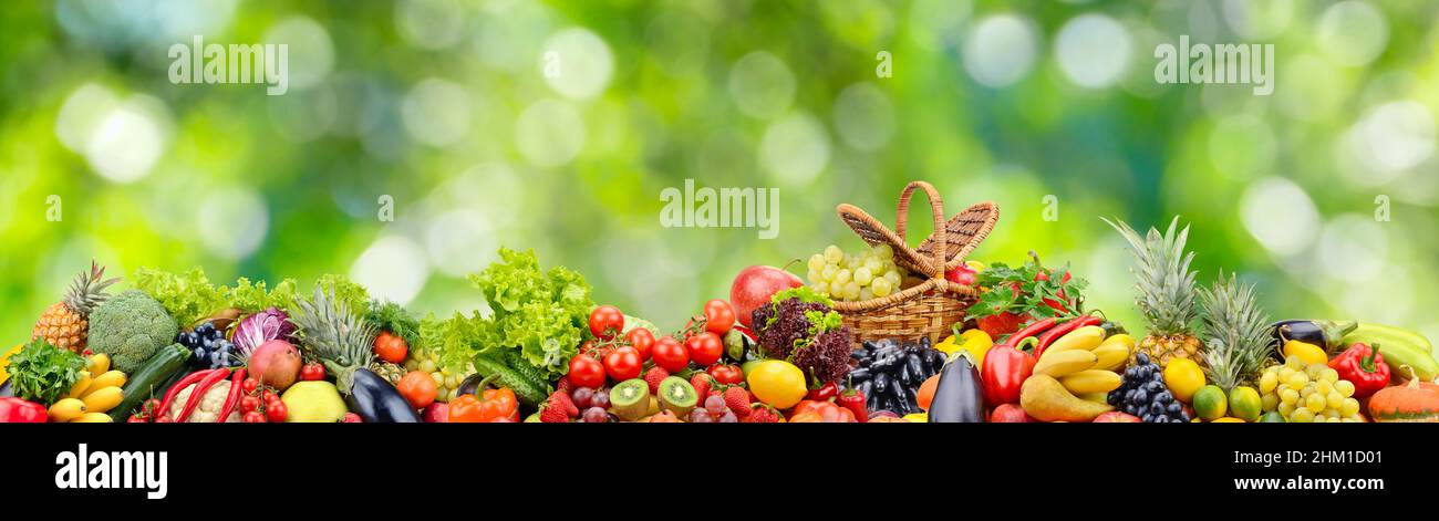 Panoramic collection fresh fruits and vegetables on blurred green background. Stock Photo