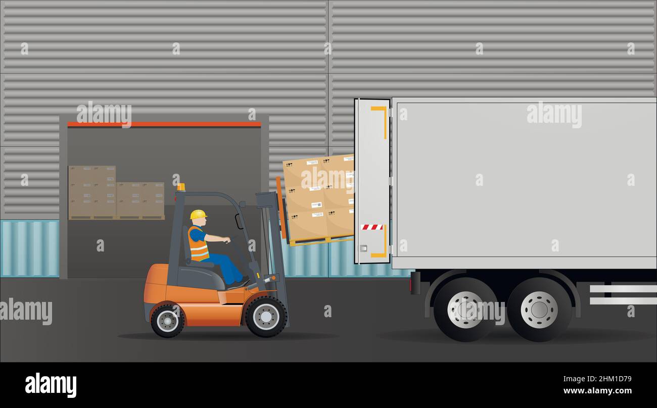 A forklift loads pallets with cardboard boxes into a truck. Storage ...