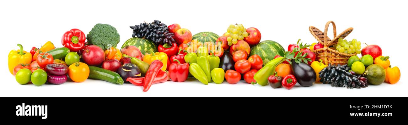 Wide panoramic photo fruits and vegetables isolated on white background. Stock Photo