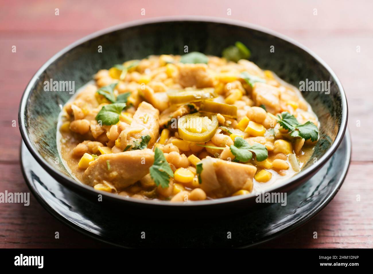 Bowl with a vegan home made white bean and chickun chili. Stock Photo