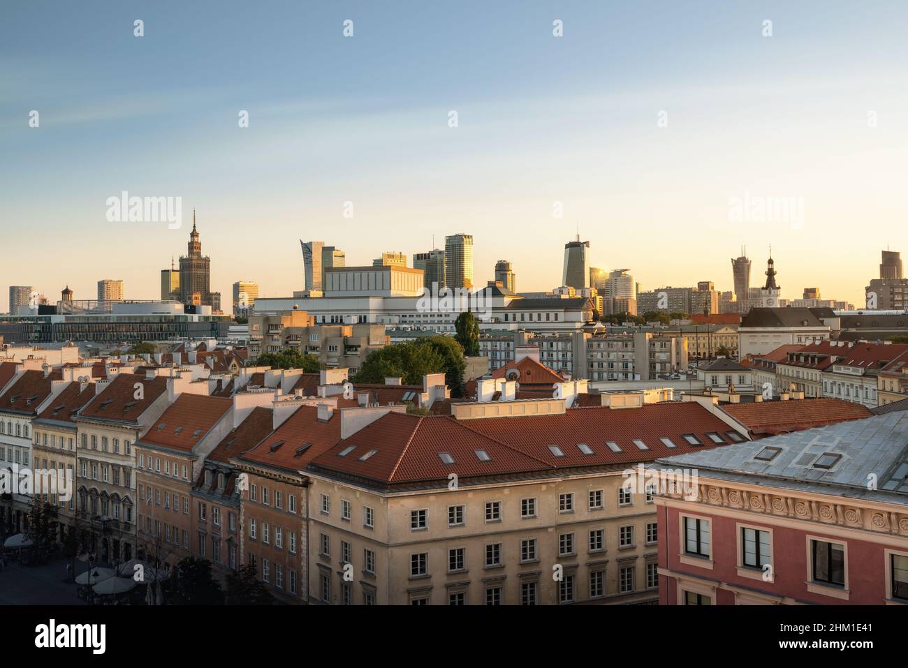 Aerial view of Warsaw Skyline with modern buildings and Palace of Culture and Science - Warsaw, Poland Stock Photo