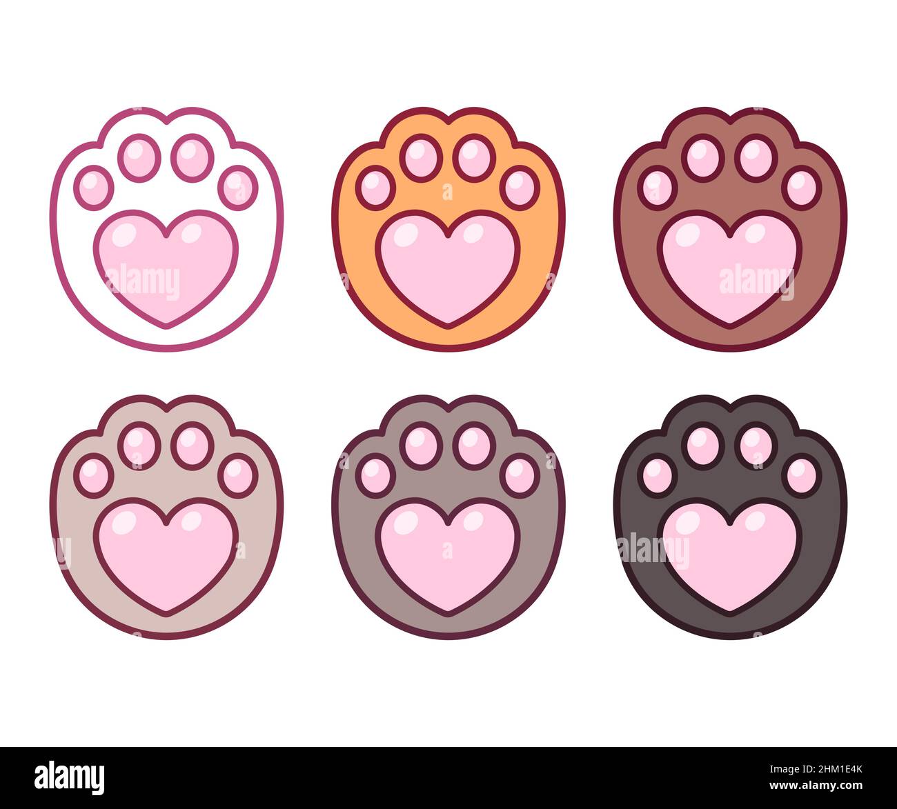 Cartoon heart shaped cat paw prints icon set, different colors. Cute and simple pet love sticker, vector clip art illustration. Stock Vector