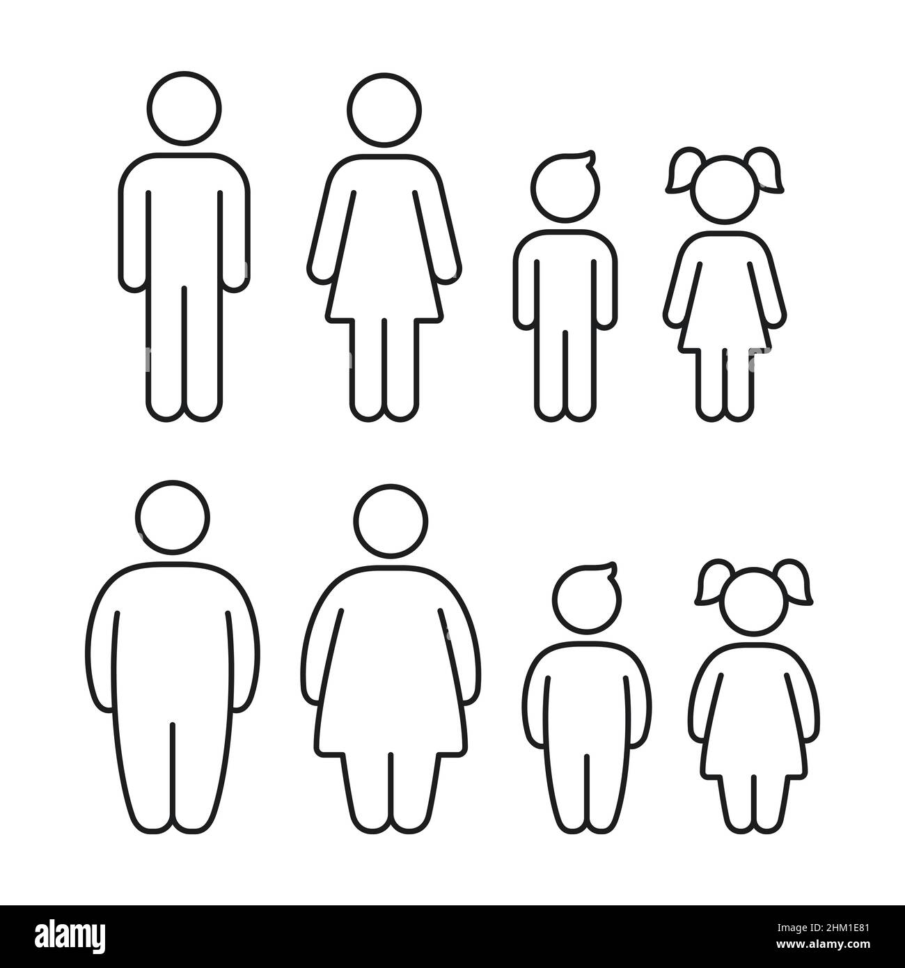 Healthy weight and fat people figure set. Man, woman and children, obesity family problem. Simple vector line icon symbols. Stock Vector