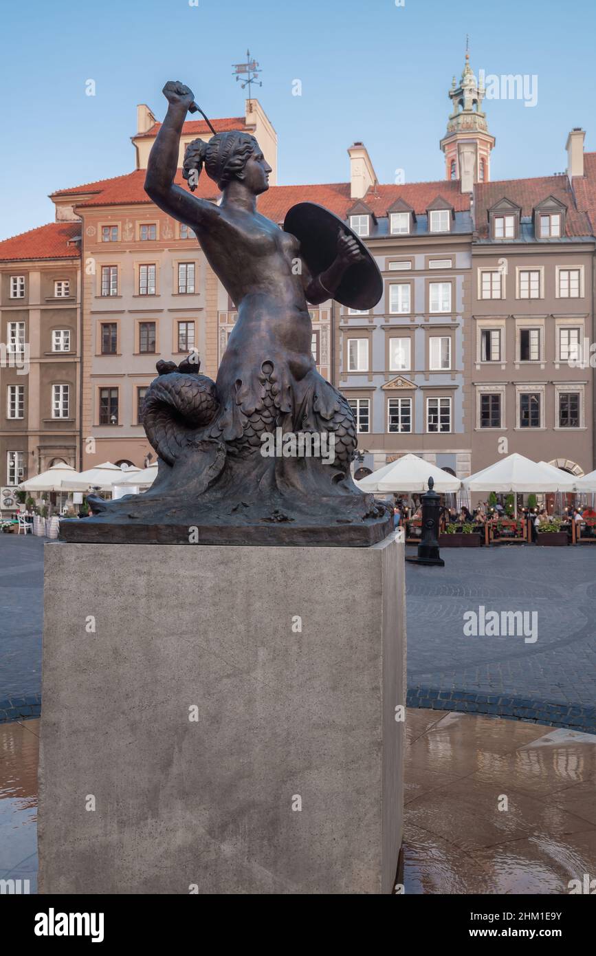 Mermaid of Warsaw Sculpture (Syrenka) at Old Town Market Place originally designed by Konstanty Hegel in 1855 - Warsaw, Poland Stock Photo