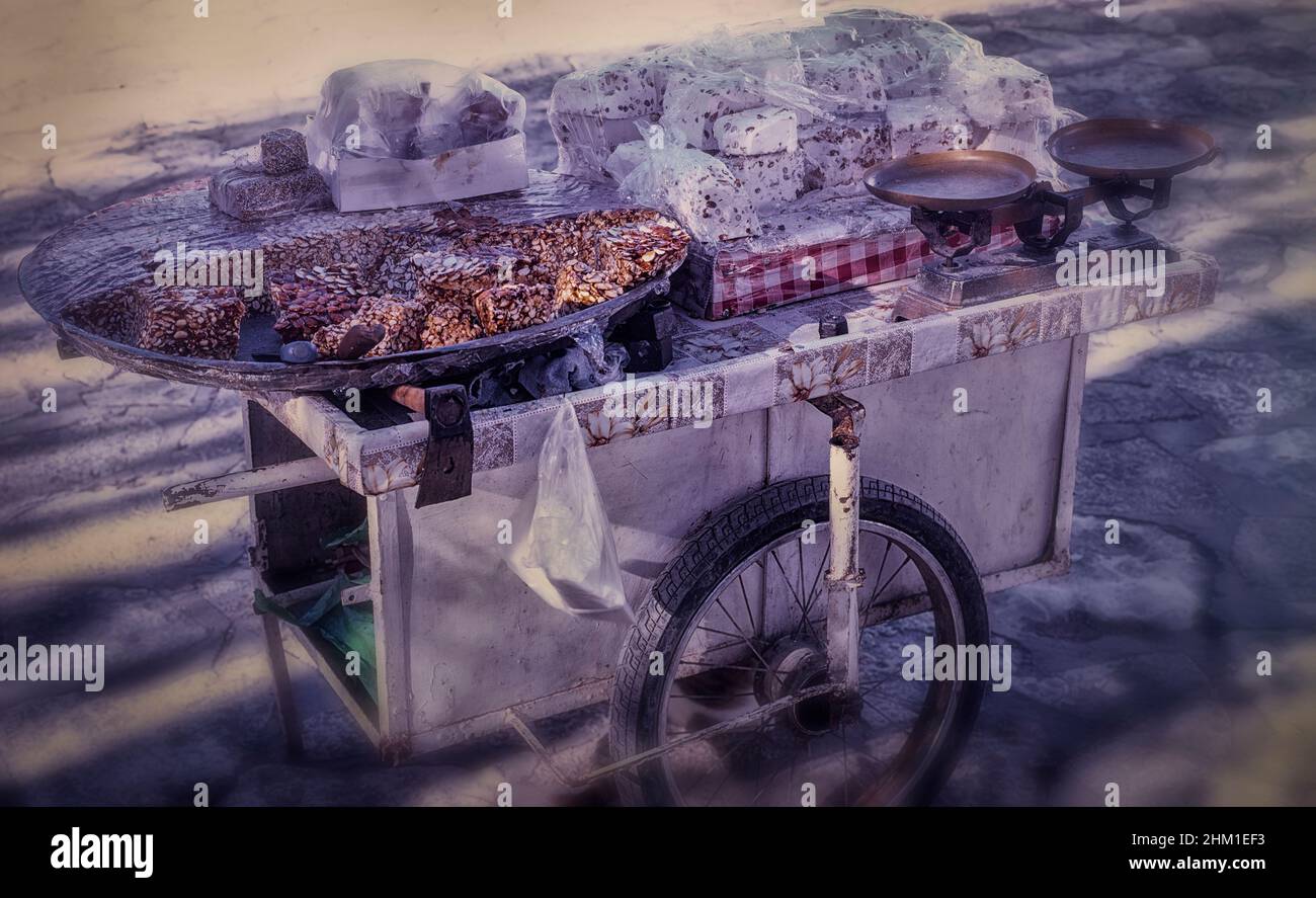 Nougat sellers cart and produce, Sousse, Tunisia Stock Photo