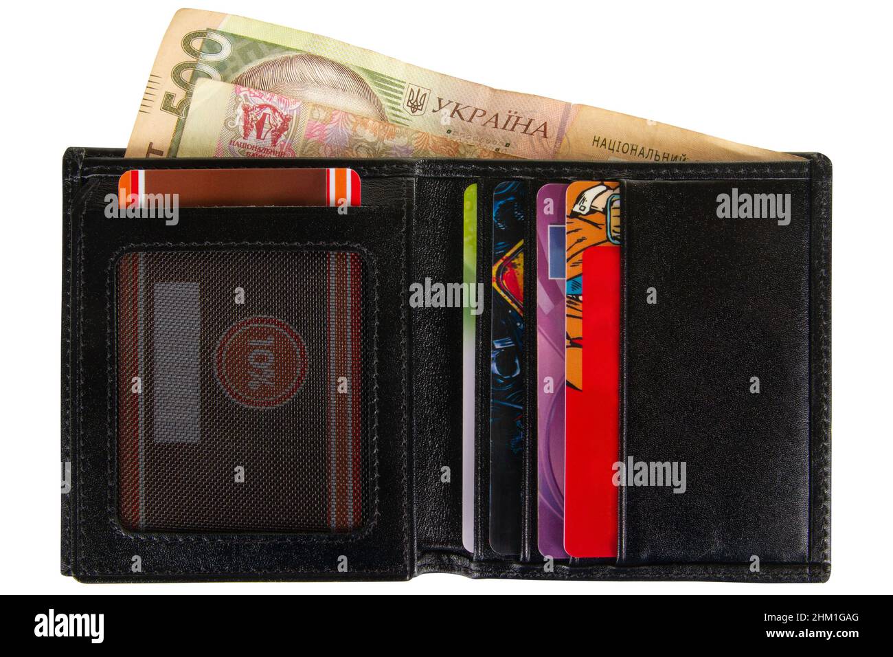 Open black leather wallet with Ukrainian money isolated on white background Stock Photo