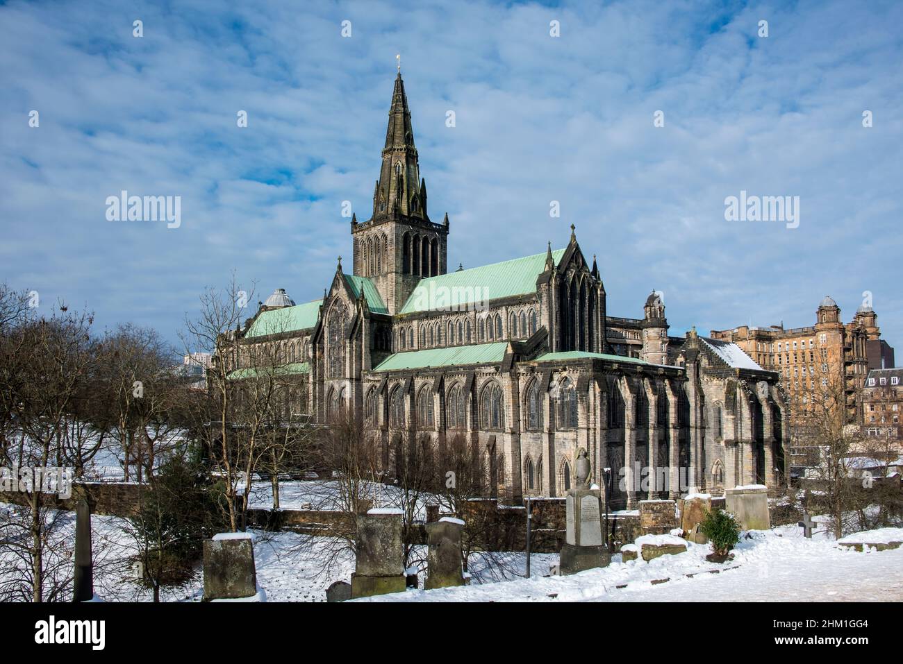 Glasgow Cathedral and snow covered cemetery. Stock Photo