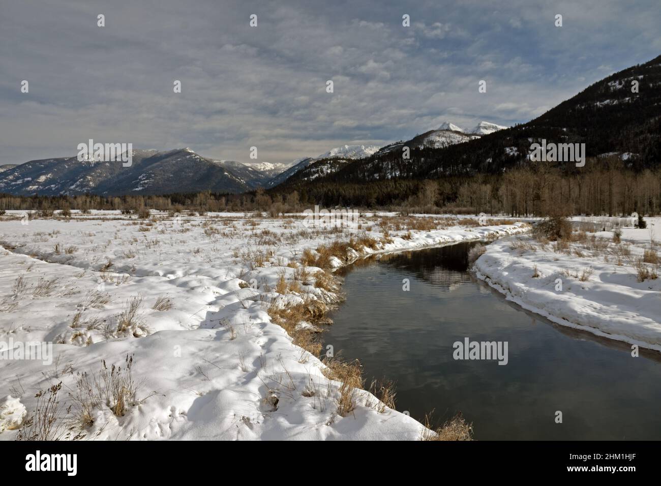 Bull River and the Cabinet Mountains in winter. Sanders County, northwest Montana. (Photo by Randy Beacham) Stock Photo