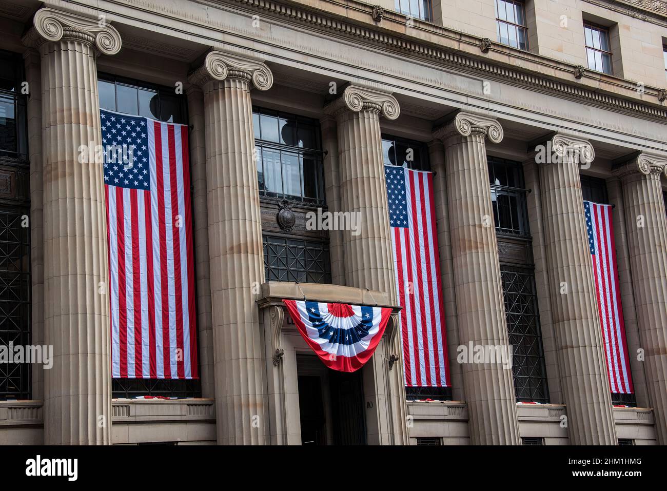 Buliding in central Glasgow decked out with American flags for filming  fifth Indiana Jones movie. Stock Photo