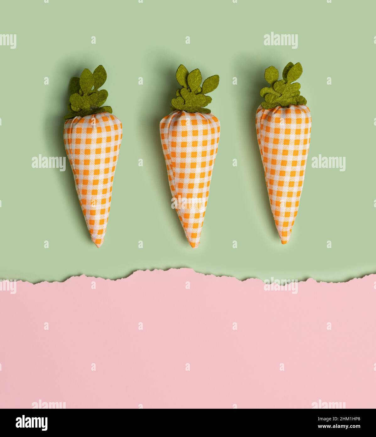 Decoration carrots on a two tone pink and green background. Easter, spring colorful backdrop. Stock Photo