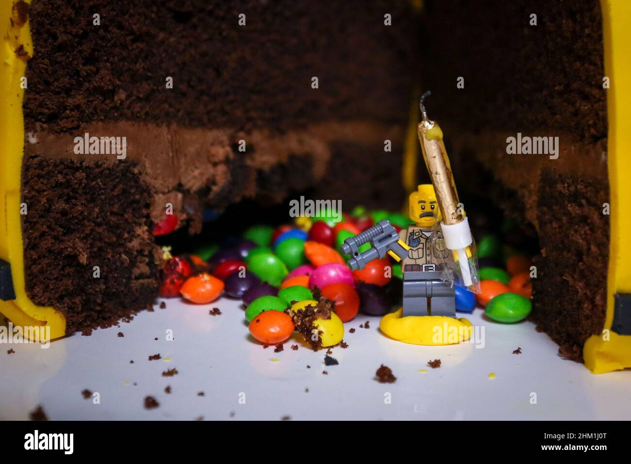 SALISBURY, UK. A lego birthday cake with lego men candleholders and