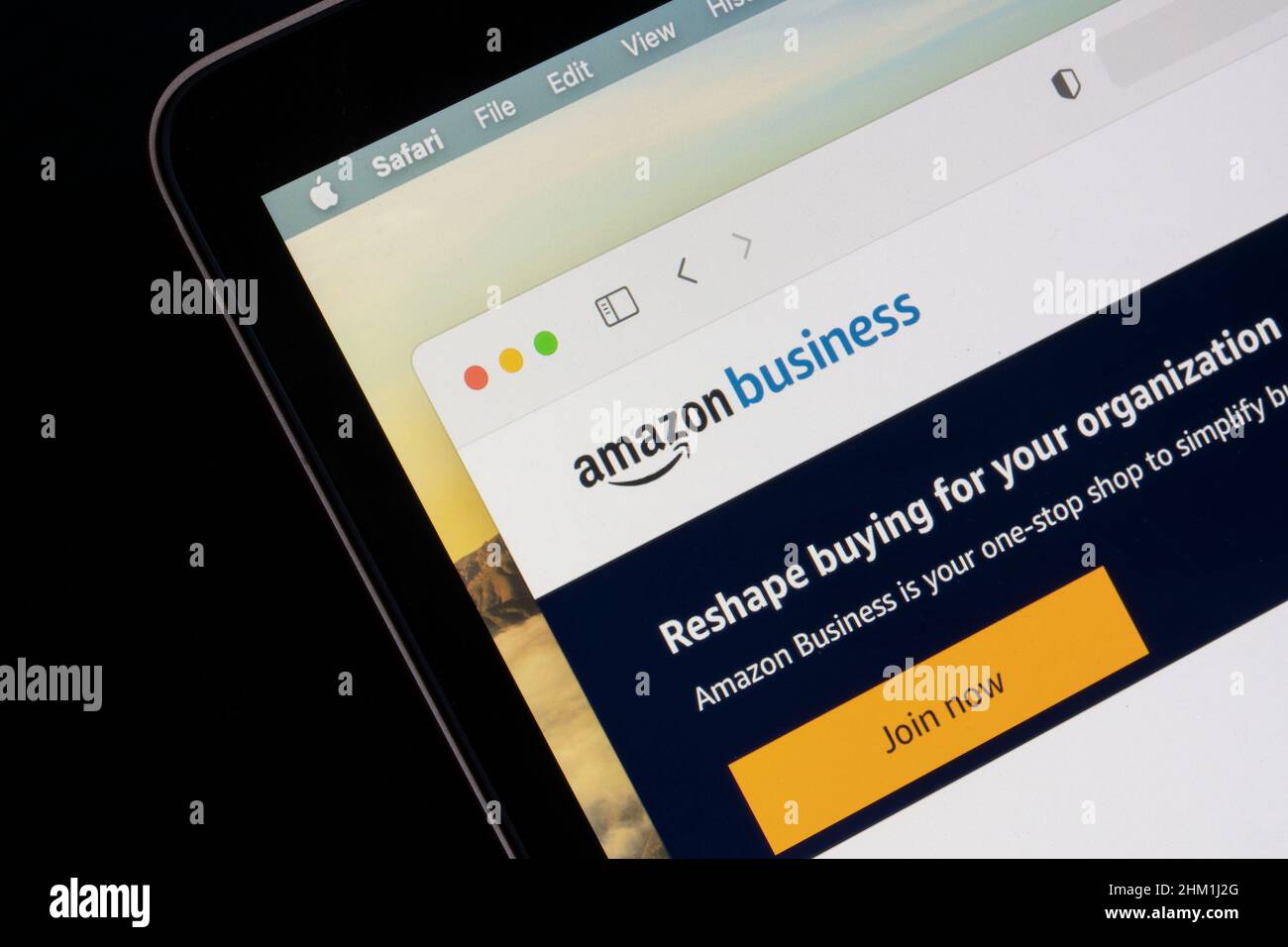 Amazon Business webpage is seen on Amazon's website on a computer. Amazon Business is an online wholesale office supplies and B2B solutions platform. Stock Photo