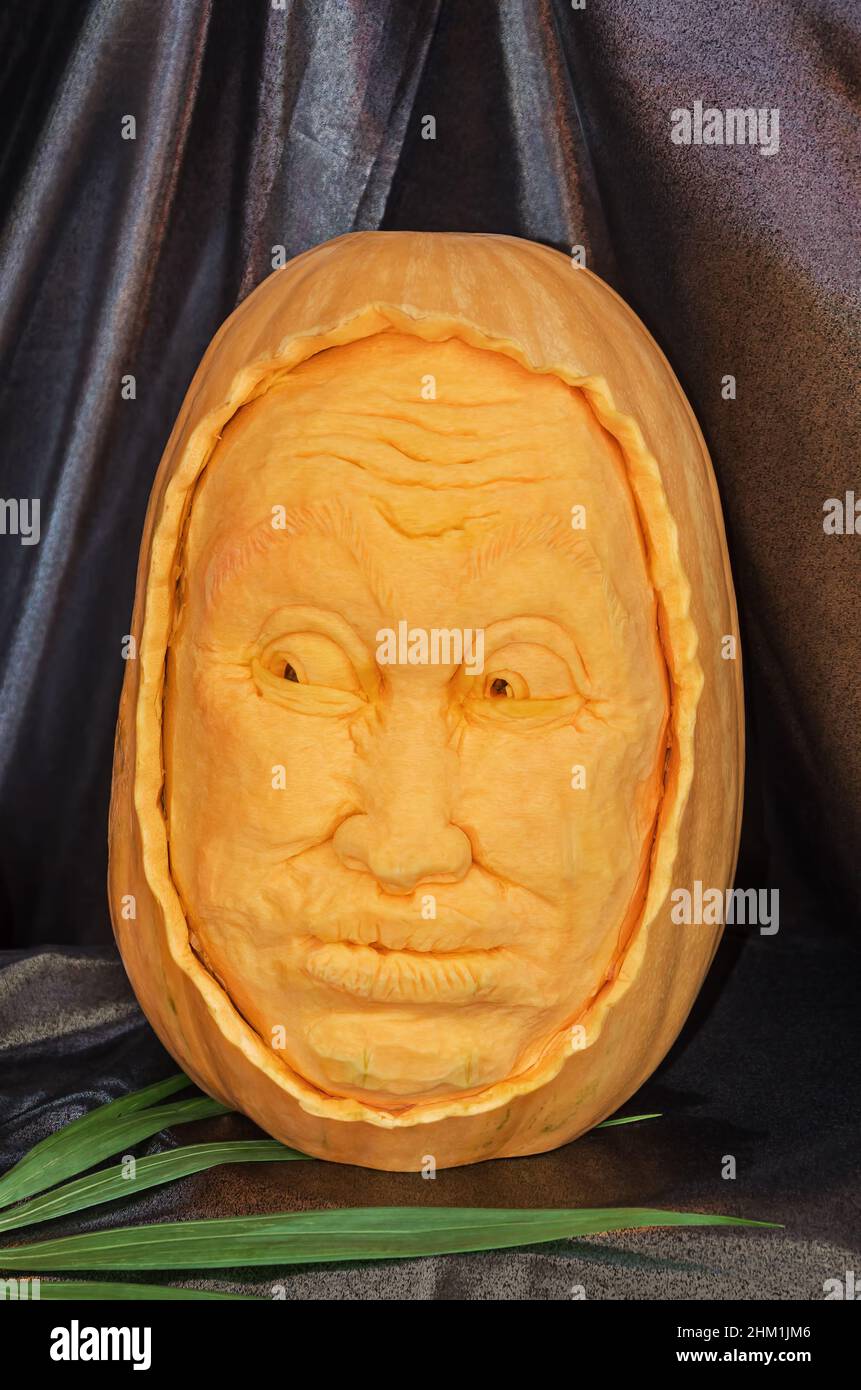Ripe pumpkin vegetable is carved in form of melancholic human entity