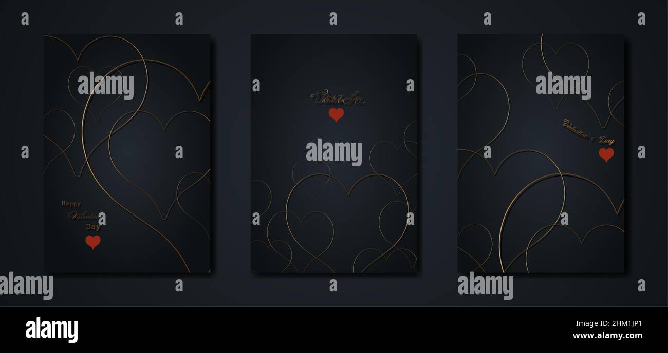 Happy Valentines day vector set greeting card. Gold heart on black ...