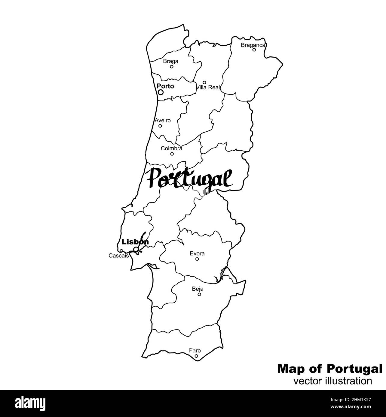 Map of Portugal. Bright illustration with map. Illustration with gray background. Portugal map with portuguese major cities. Illustration. Stock Photo