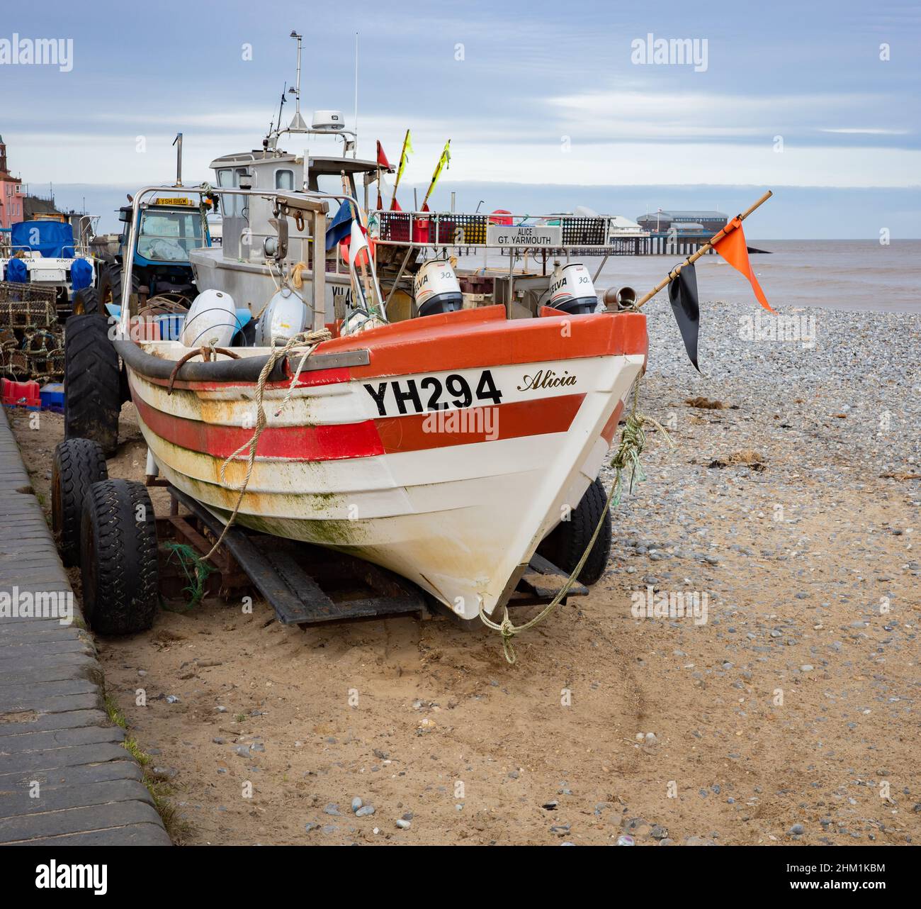 Cromer, Norfolk, UK – February 2022. Crab fishing boats, fishing