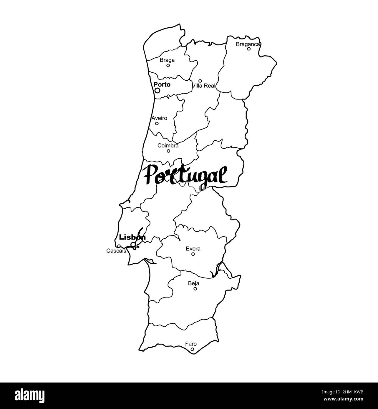 Map of Portugal. Bright illustration with map. Illustration with gray background. Portugal map with portuguese major cities. Illustration. Stock Photo