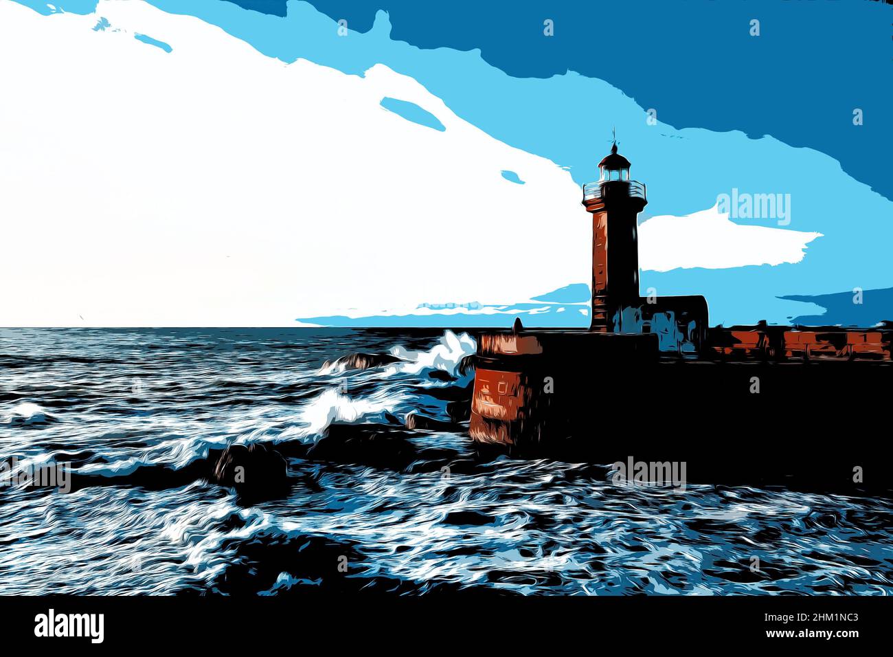 Illustration. The waves of the Atlantic Ocean crash against the rocks at sunset by the lighthouse Stock Photo