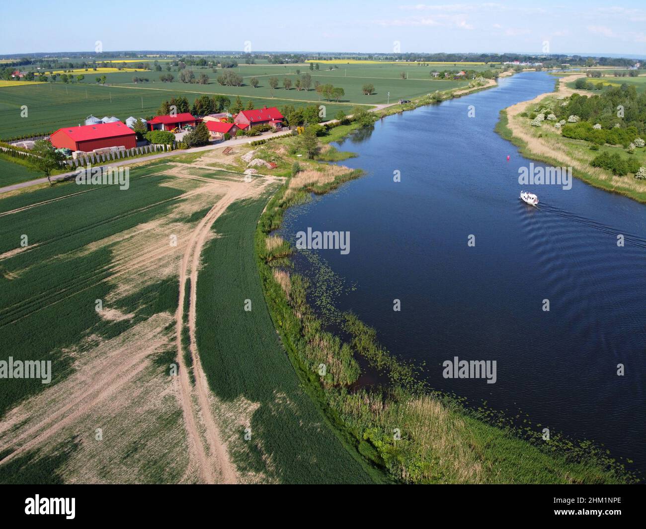 Farm on Zulawy Wisalne with river, Poland Stock Photo
