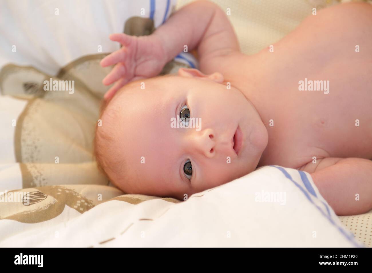 The newborn baby looks into the camera Stock Photo Alamy
