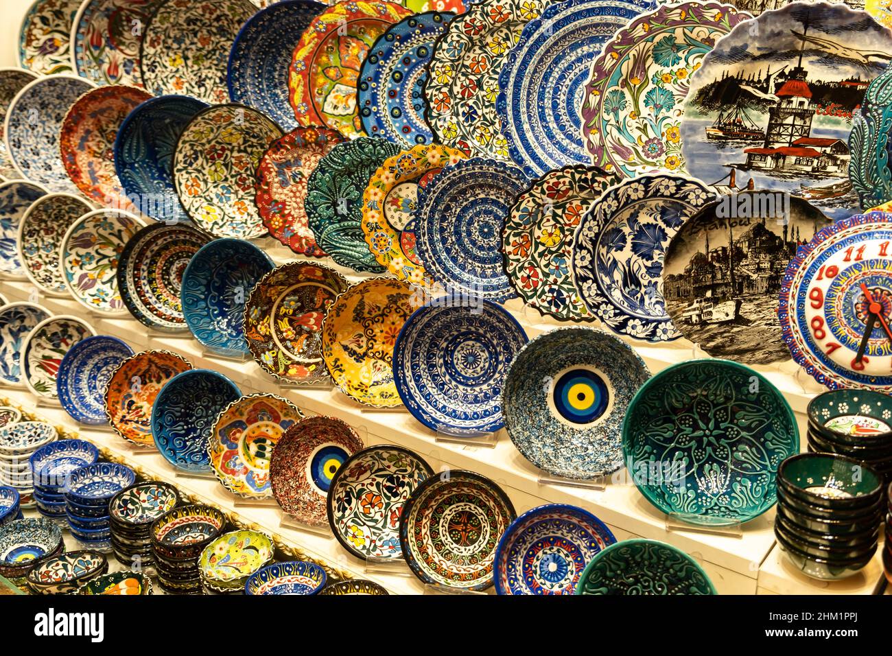 Traditional Turkish ceramics, pottery, bowl in bazaar. Handmade gift