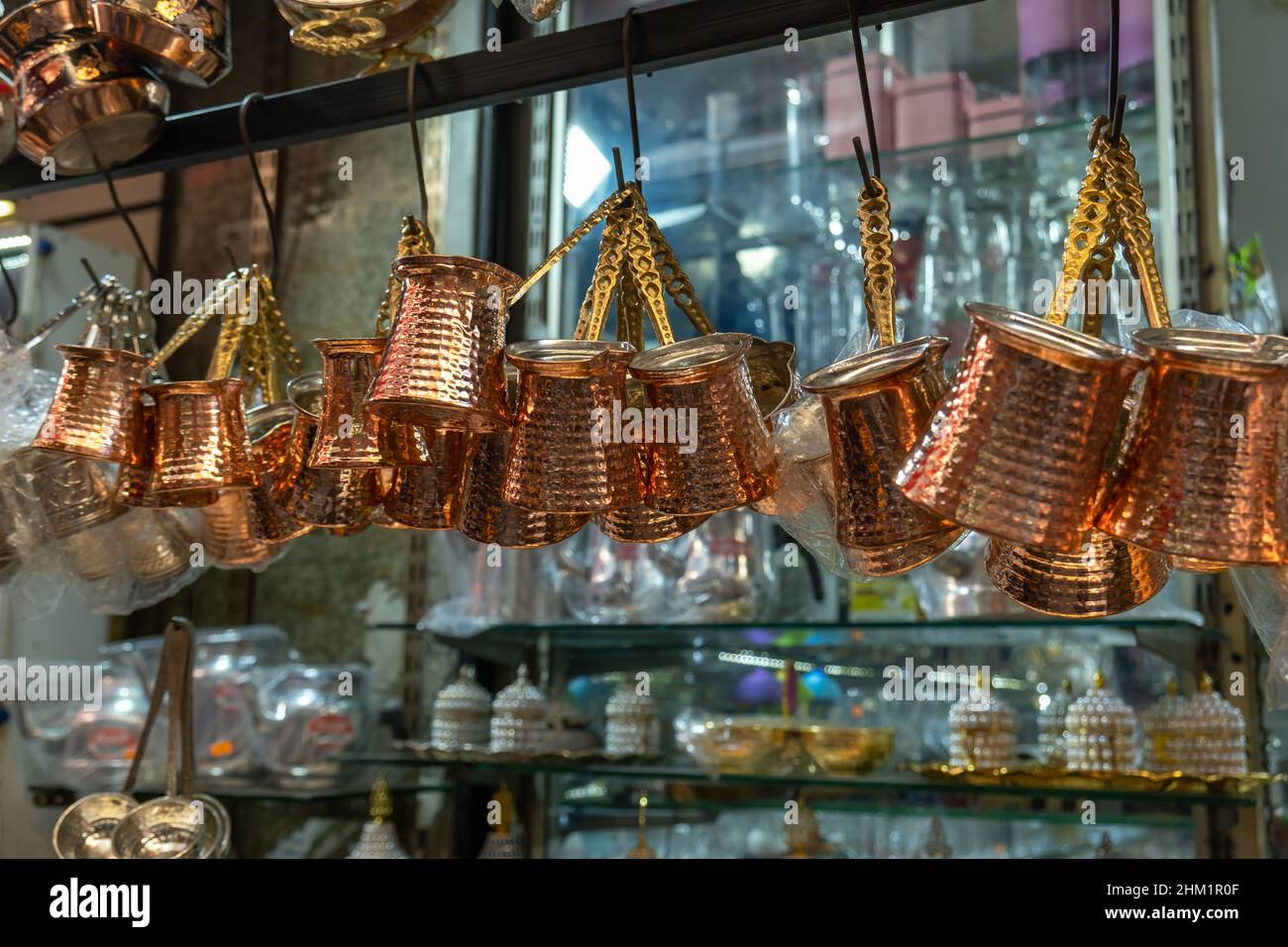 Turkish coffee pots in the market. Traditional Turkish coffee pots are