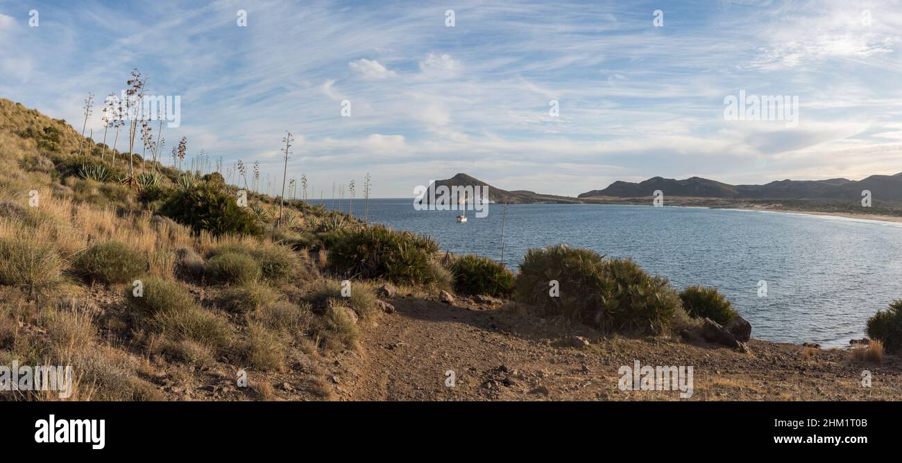 Cabo de Gata Spain. Genoveses beach unspoilt Genoveses beach in Cabo de Gata natural park, Almeria, Andalucia, Spain. Stock Photo