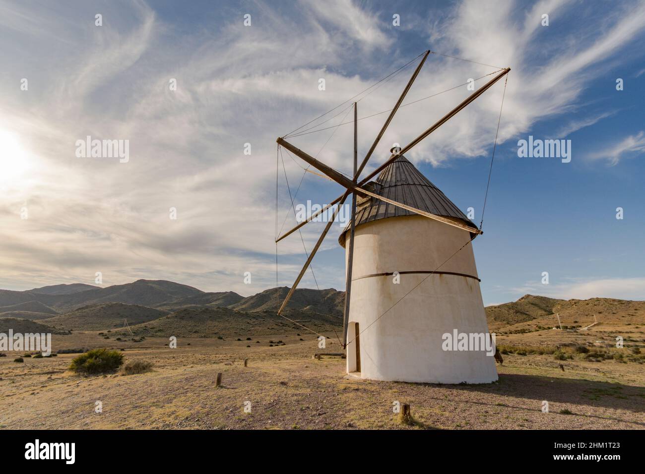 Cabo de gata Spain. Old restored Spanish windmill in El Pozo de los Frailes, Almeria, Andalucia, Spain. Stock Photo