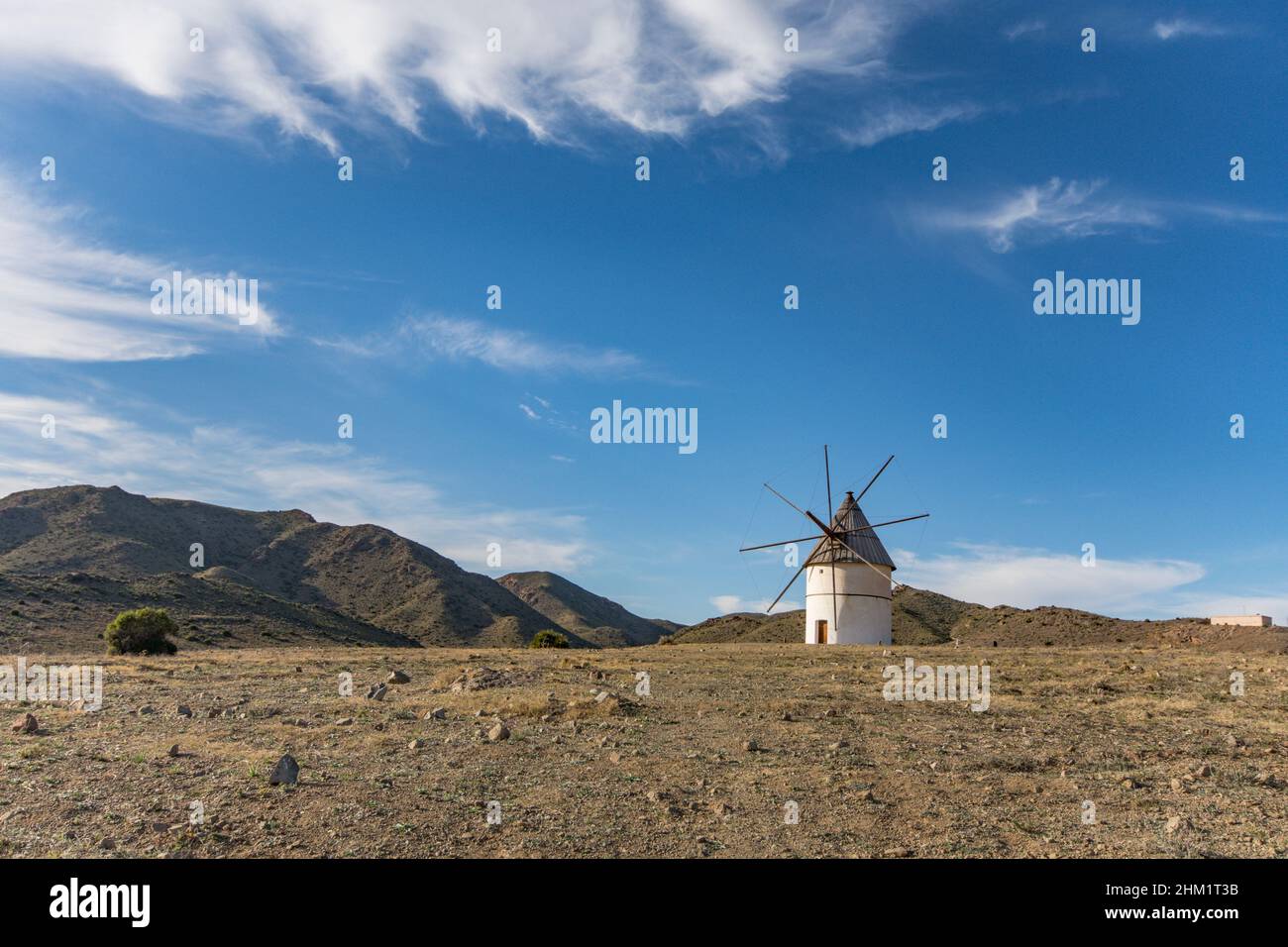 Cabo de gata Spain. Old restored Spanish windmill in El Pozo de los Frailes, Almeria, Andalucia, Spain. Stock Photo