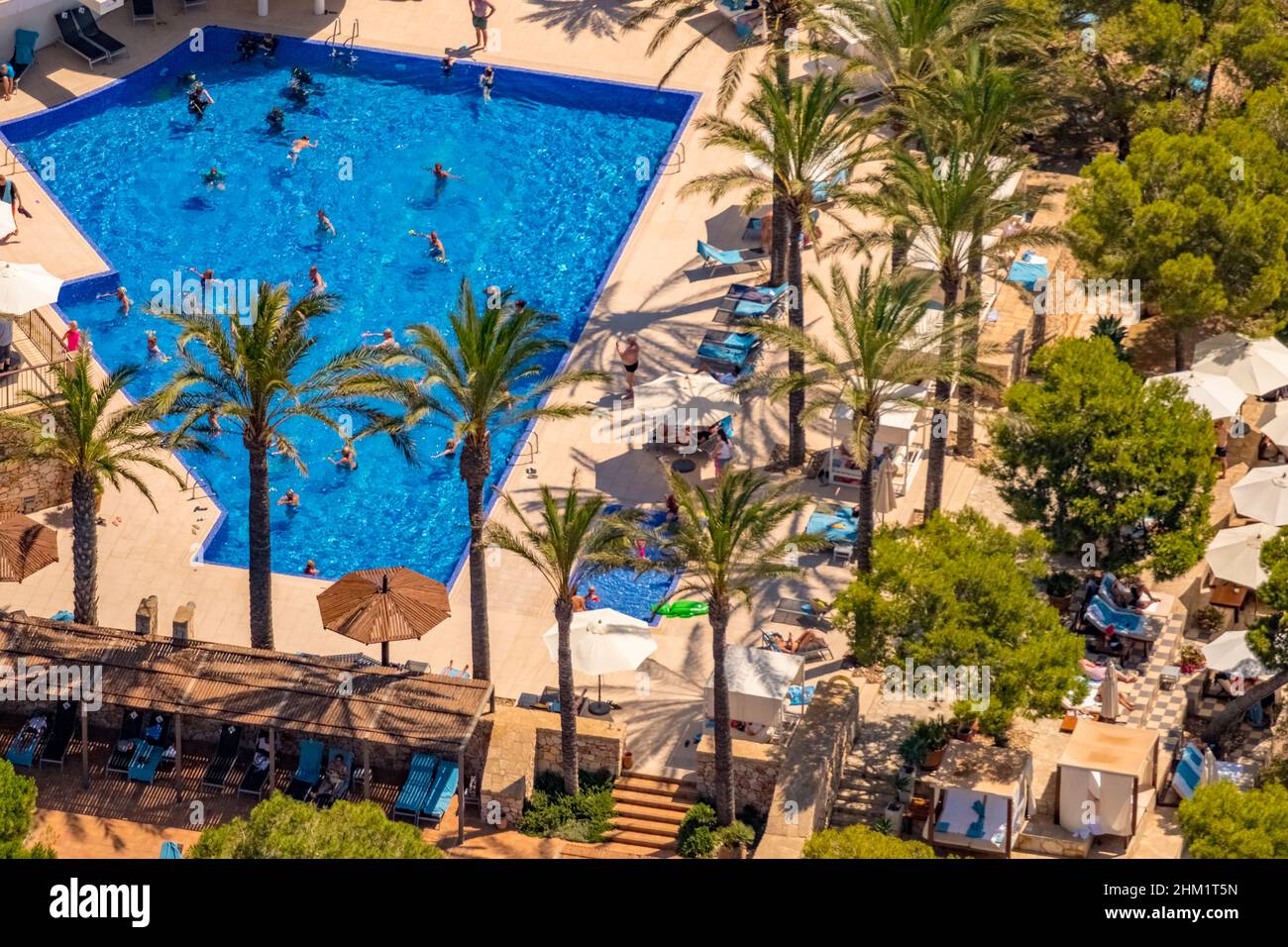 Aerial view, swimming pool at Club Robinson Cala Serena, Cala d'Or, Santanyí, Mallorca, Balearic Islands, Spain, seaside resort, Campos, Club, ES, Eur Stock Photo