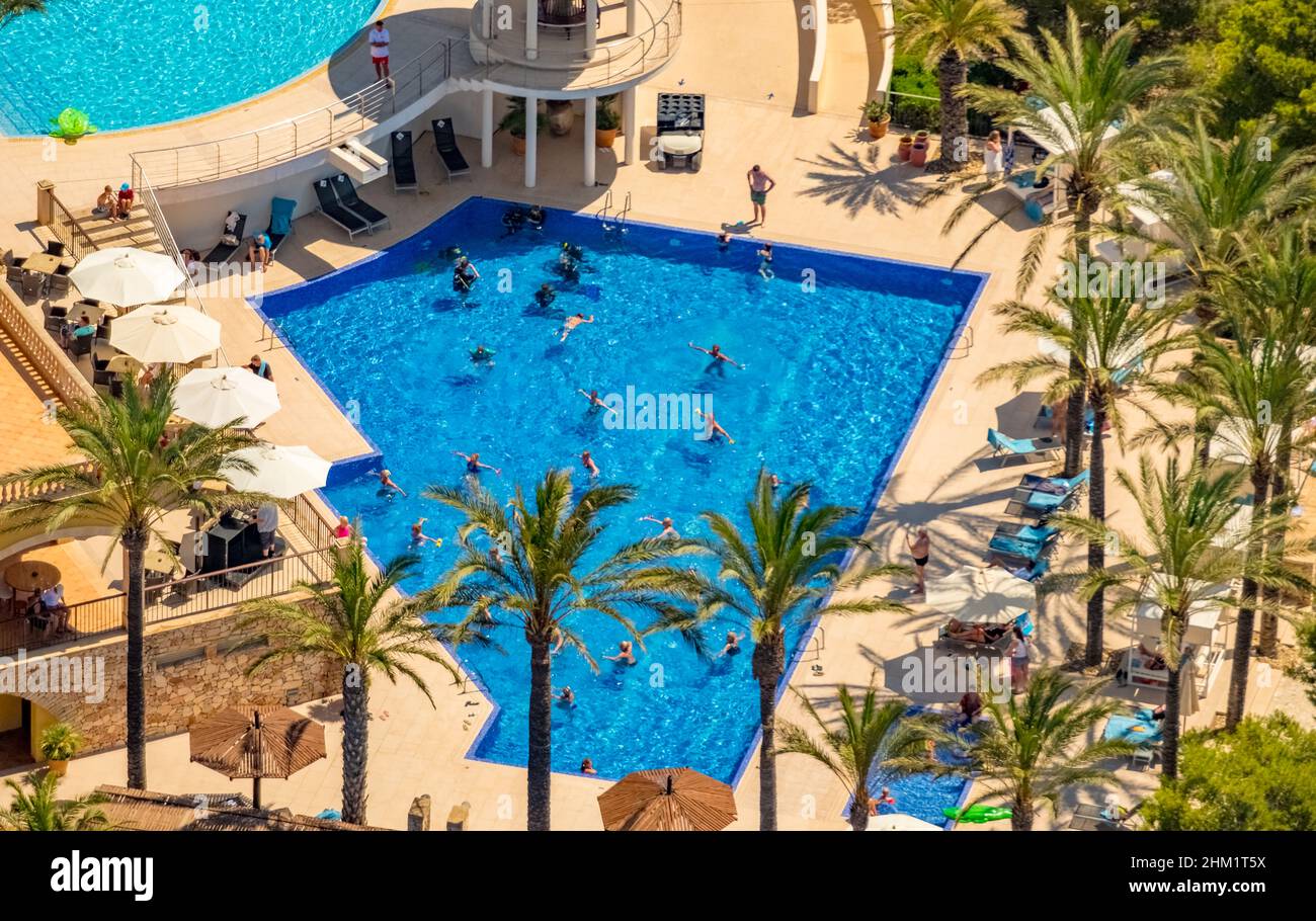 Aerial view, swimming pool at Club Robinson Cala Serena, Cala d'Or, Santanyí, Mallorca, Balearic Islands, Spain, seaside resort, Campos, Club, ES, Eur Stock Photo