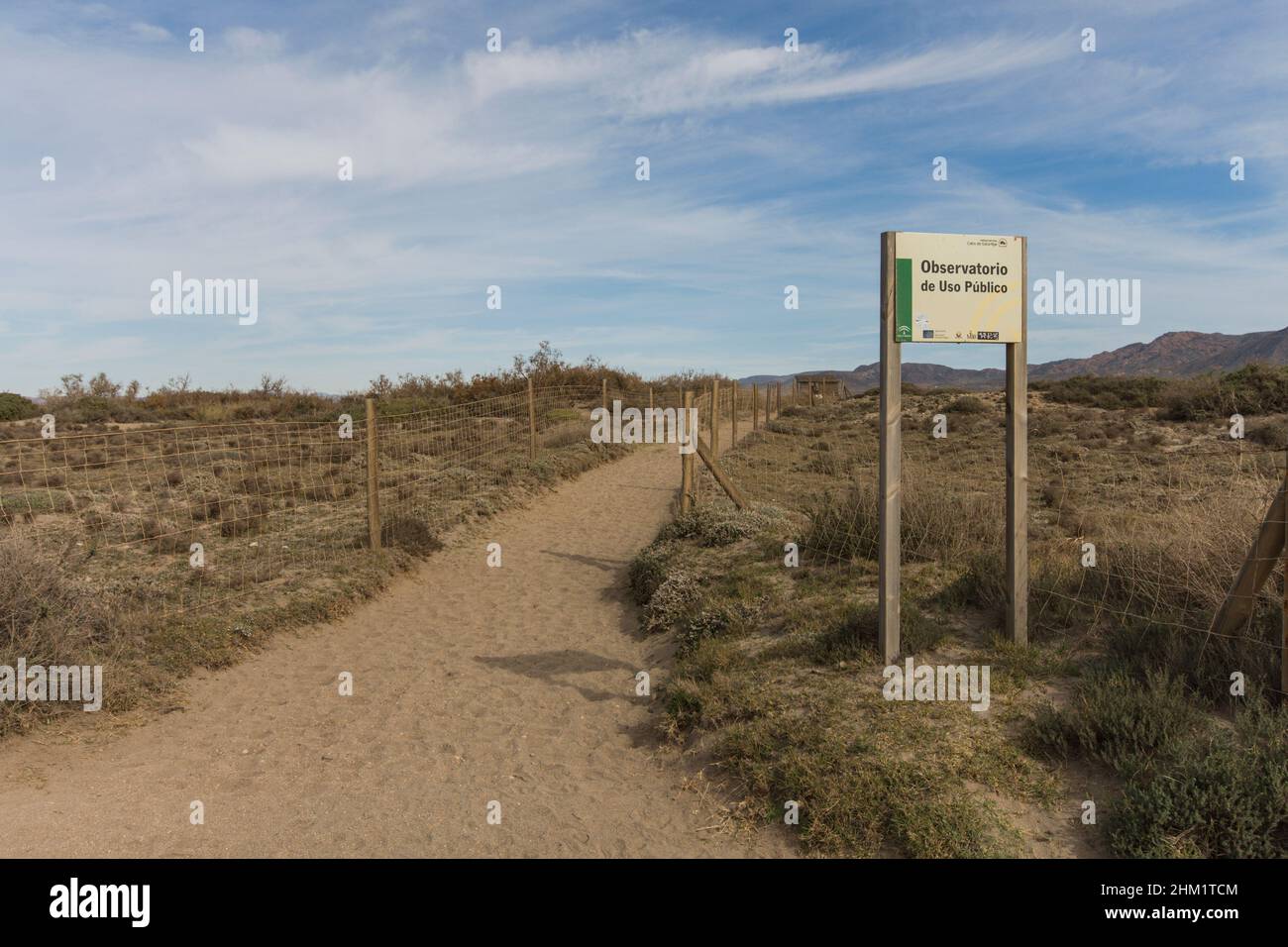 Sign to Bird hide at the Salt flats at Cabo de gata, Natural reserve, Almeria, Andalucia, Spain. Stock Photo