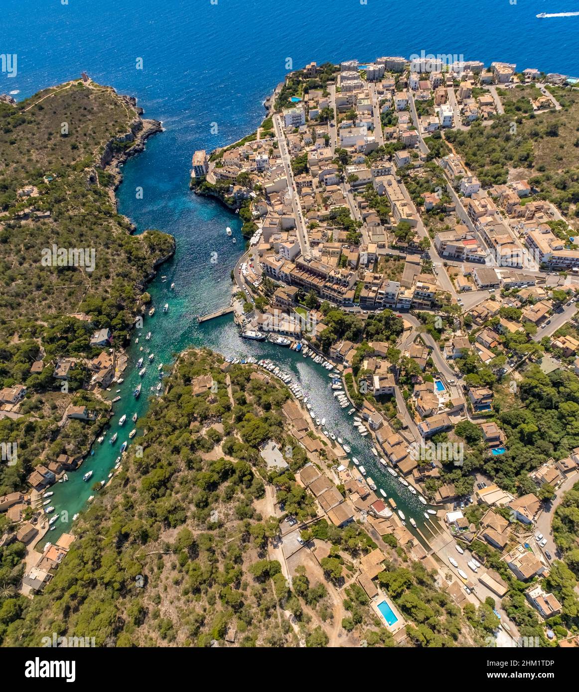 Aerial view, bay and marina Caló d'en Boira and Cala Figuera, Mallorca, Balearic Islands, Spain, bay, ES, Europe, hotel facilities, aerial photography Stock Photo