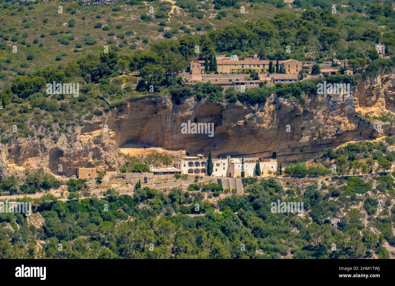 Aerial view, Ermita de Sant Honorat and Santuari de Gracia at the mountain Puig de Randa, Randa, Mallorca, Balearic Islands, Spain, Algaida, Devotiona Stock Photo