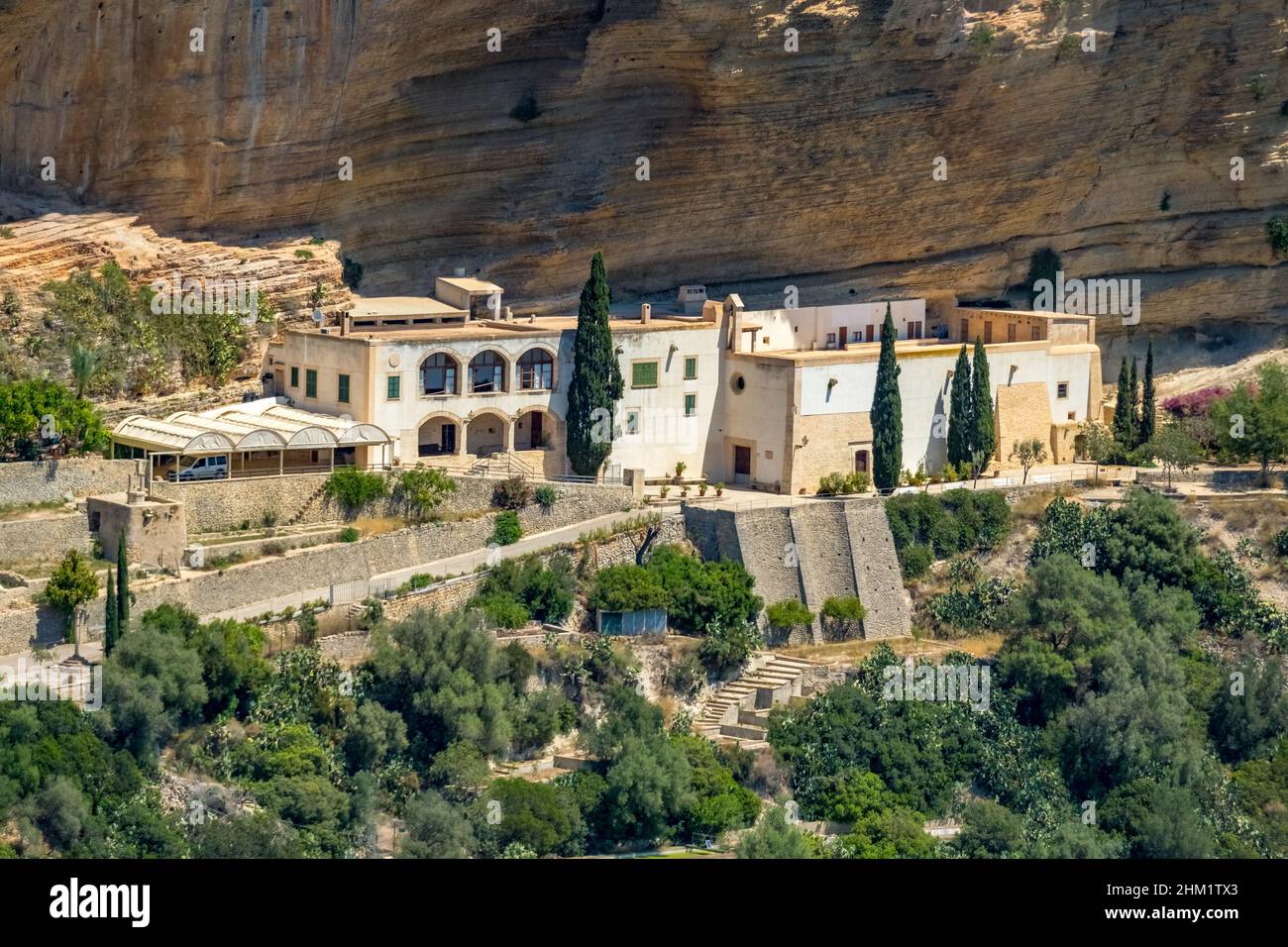 Aerial view, Santuari de Gracia below Ermita de Sant Honorat at the mountain Puig de Randa, Randa, Mallorca, Balearic Islands, Spain, Algaida, Devotio Stock Photo