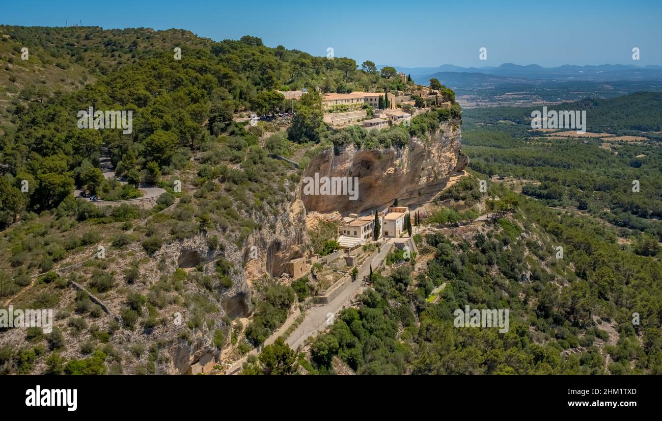 Aerial view, Ermita de Sant Honorat and Santuari de Gracia at the mountain Puig de Randa, Randa, Mallorca, Balearic Islands, Spain, Algaida, Devotiona Stock Photo