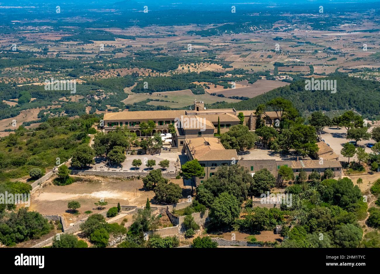 Aerial view, Ermita de Sant Honorat at the mountain Puig de Randa, Randa, Mallorca, Balearic Islands, Spain, Algaida, Devotional Site, Campos, ES, Her Stock Photo