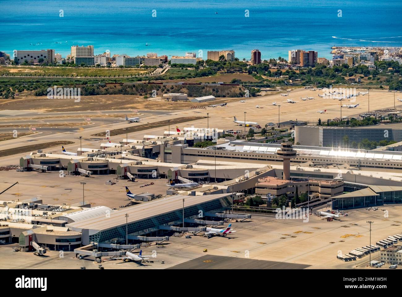 Aerial view, Aeropuerto de Palma de Mallorca, Palma Airport, Palma, Mallorca, Balearic Islands, Spain, ES, Europe, aviation emission, airport, aircraf Stock Photo