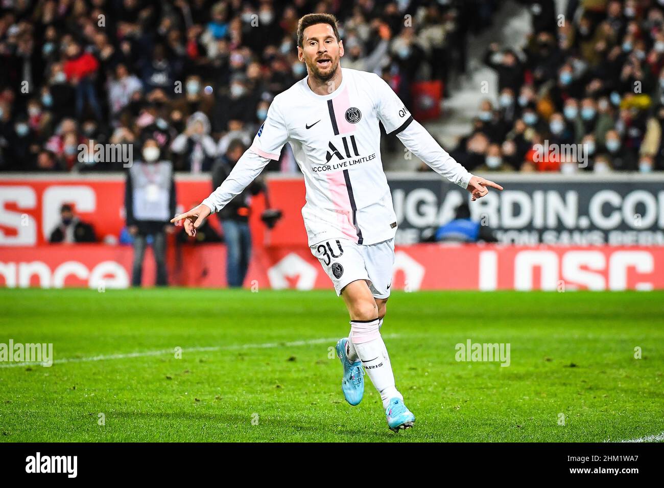 Lionel (Leo) MESSI of PSG celebrates his goal during the French  championship Ligue 1 football match between LOSC Lille and Paris  Saint-Germain on February 6, 2022 at Pierre Mauroy stadium in  Villeneuve-d'Ascq
