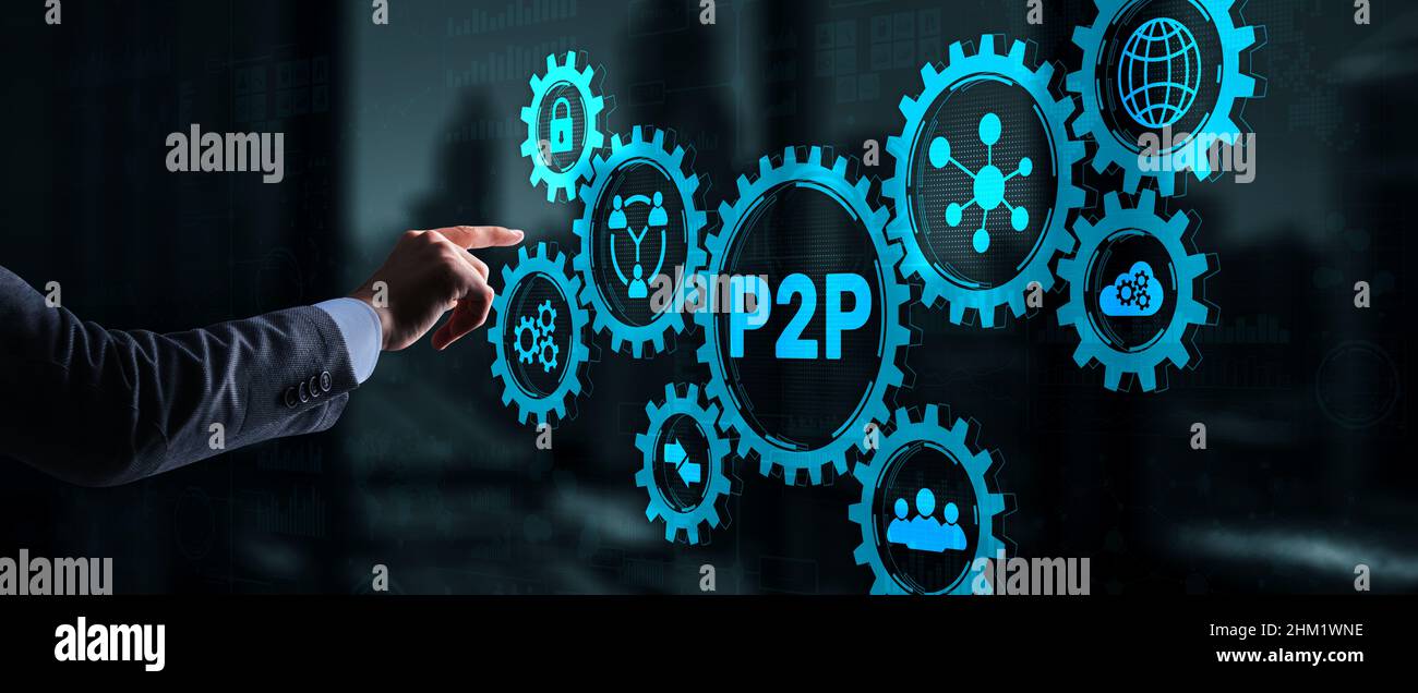 Businessman presses button p2p peer-to-peer on virtual interface. Stock Photo