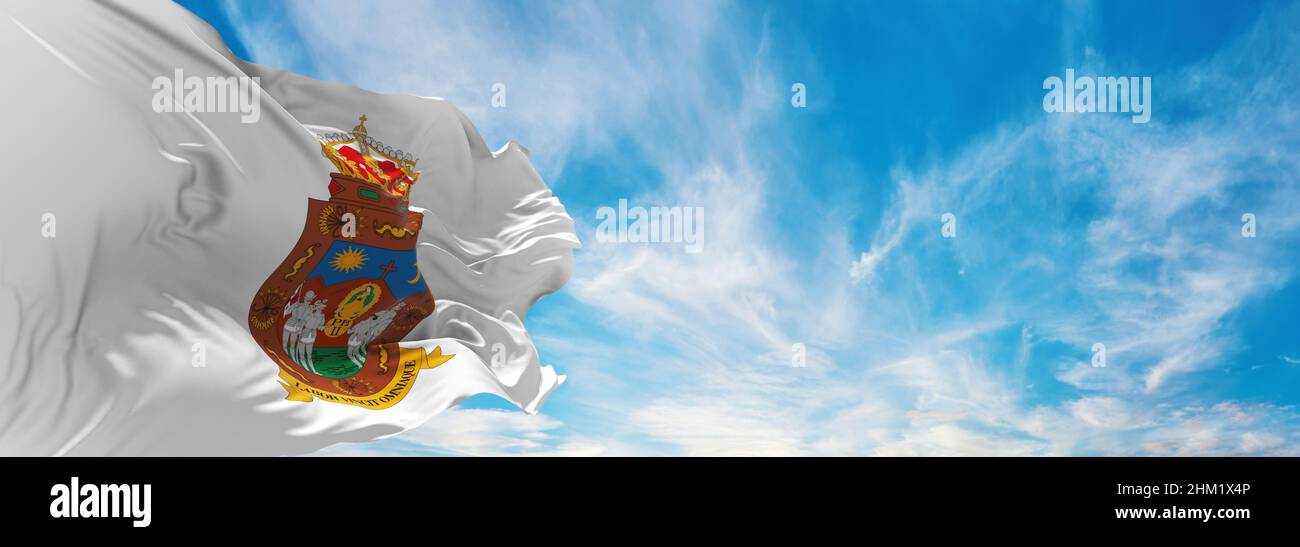 flag of Zacatecas , Mexico at cloudy sky background on sunset, panoramic view. Mexican travel and patriot concept. copy space for wide banner. 3d illu Stock Photo
