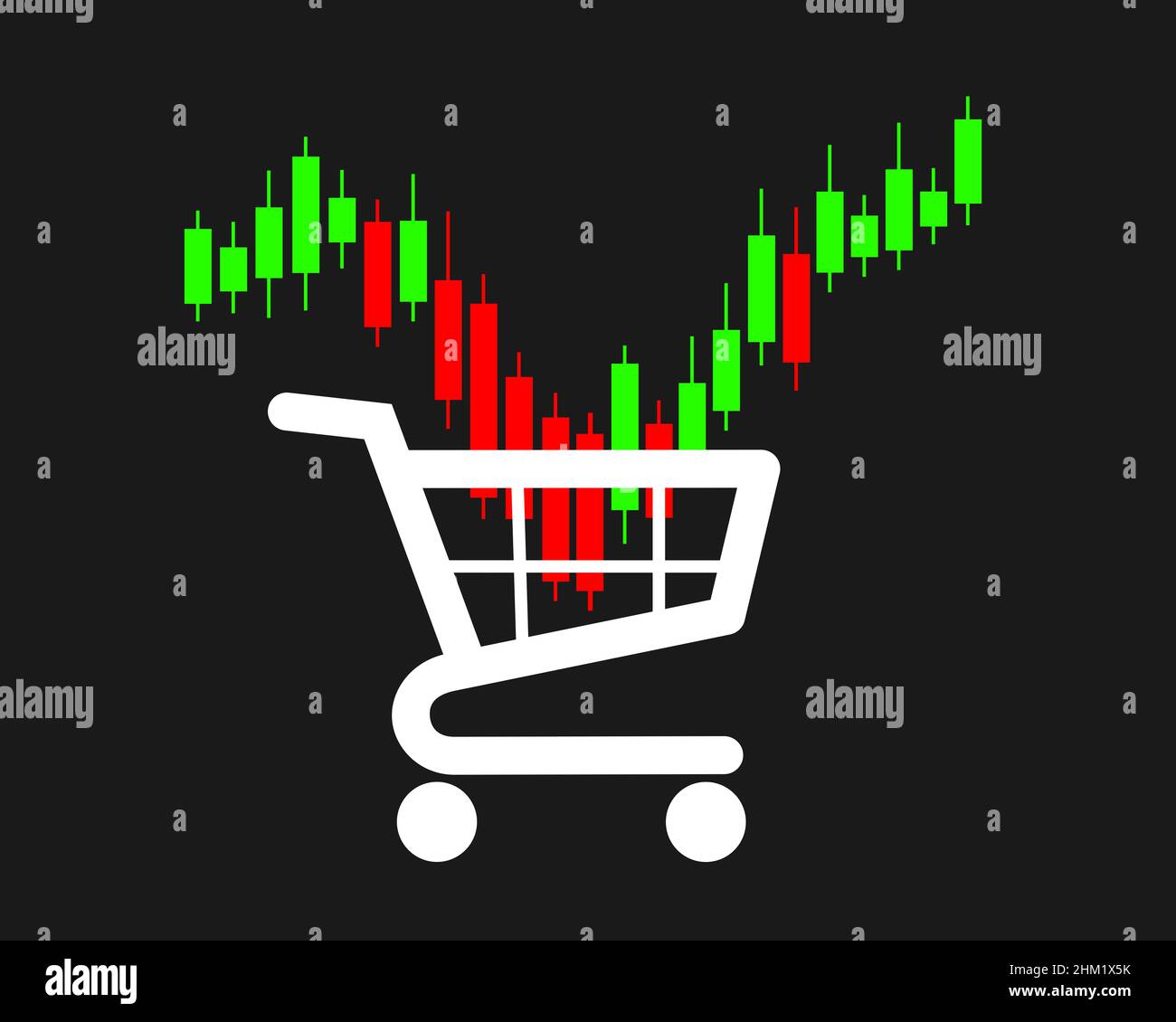 Buy the dip - investing and trading on stock market. Fluctuation of price and value. Shopping cart and candlestick chart. Vector illustration isolated Stock Photo