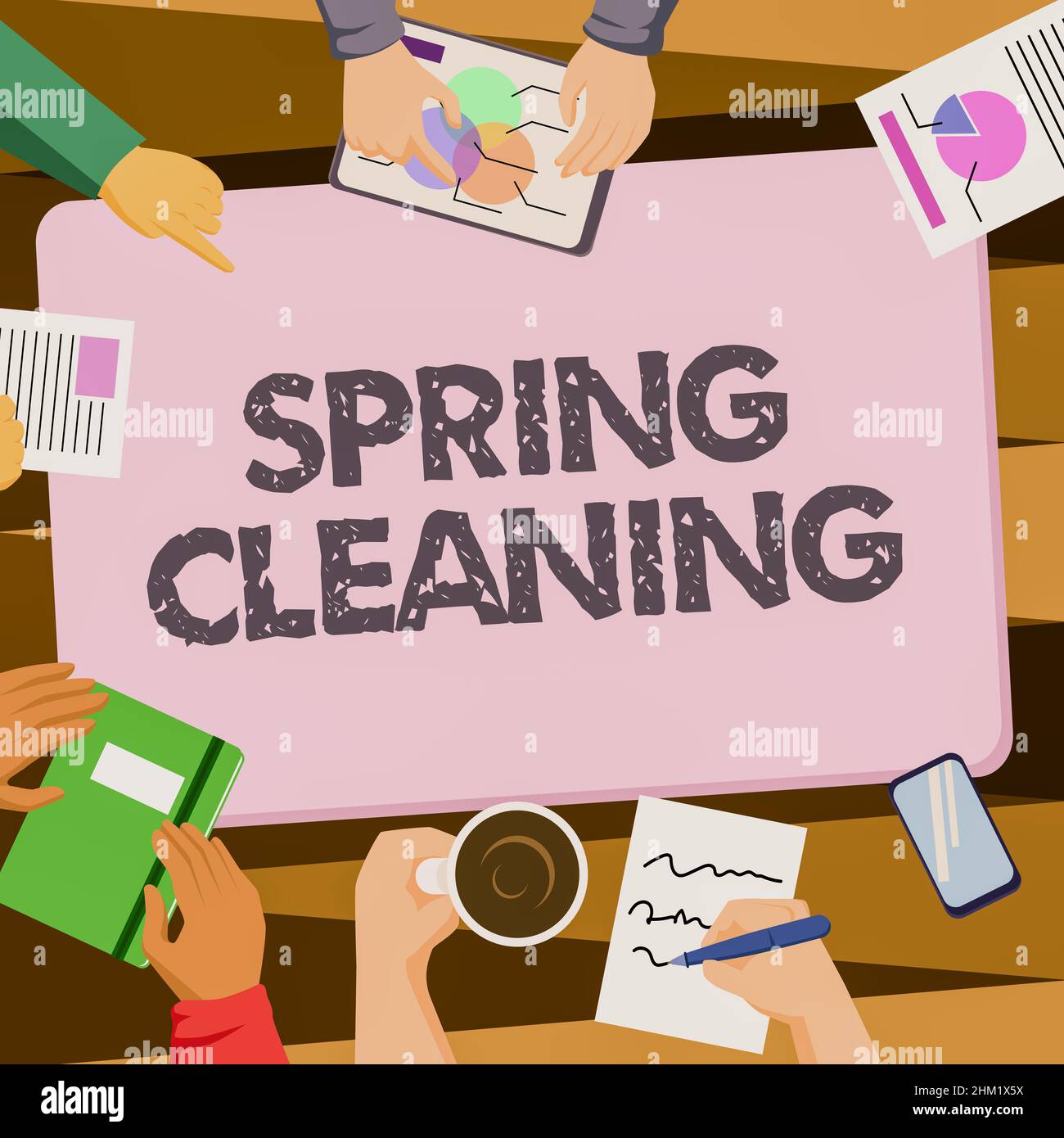 Inspiration showing sign Spring Cleaning. Word for practice of thoroughly  cleaning house in the springtime Colleagues Office Meeting Having Coffee  Stock Photo - Alamy
