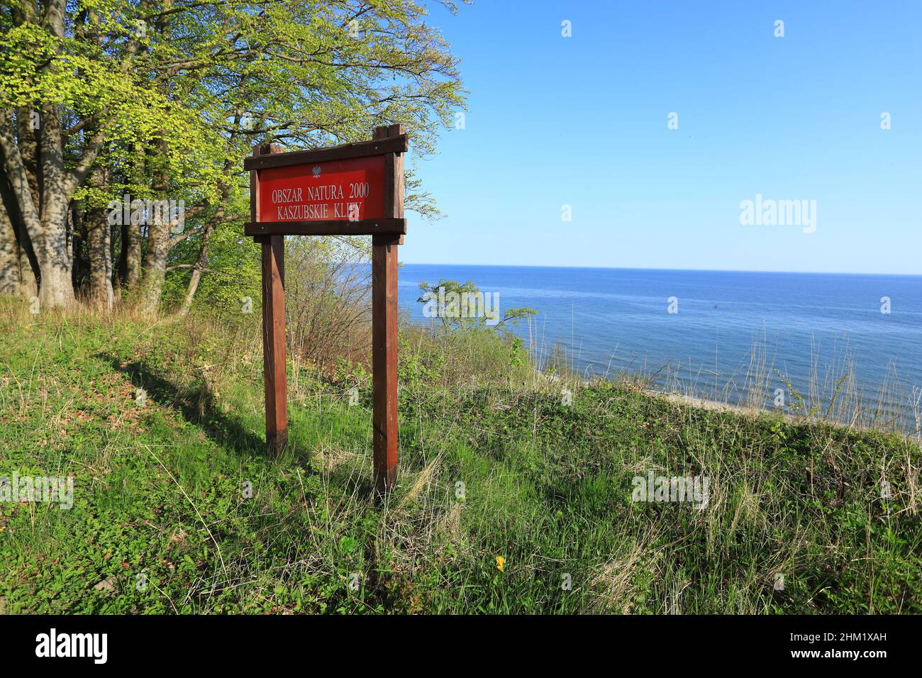 Sign of Kashubian cliffs Natura 2000 area reserve at Jastrzebia Gora, most nothern point in Poland Stock Photo