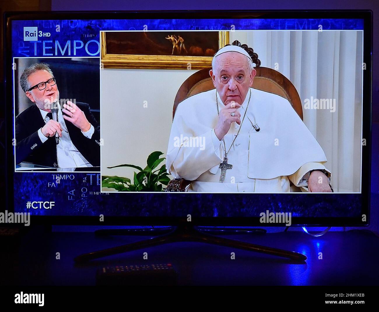 Vatican City, Vatikanstadt. 06th Feb, 2022. Pope Francis, live on television  for the first time in an Italian television program, participates in the  program "Che tempo che Fà" and answers the questions