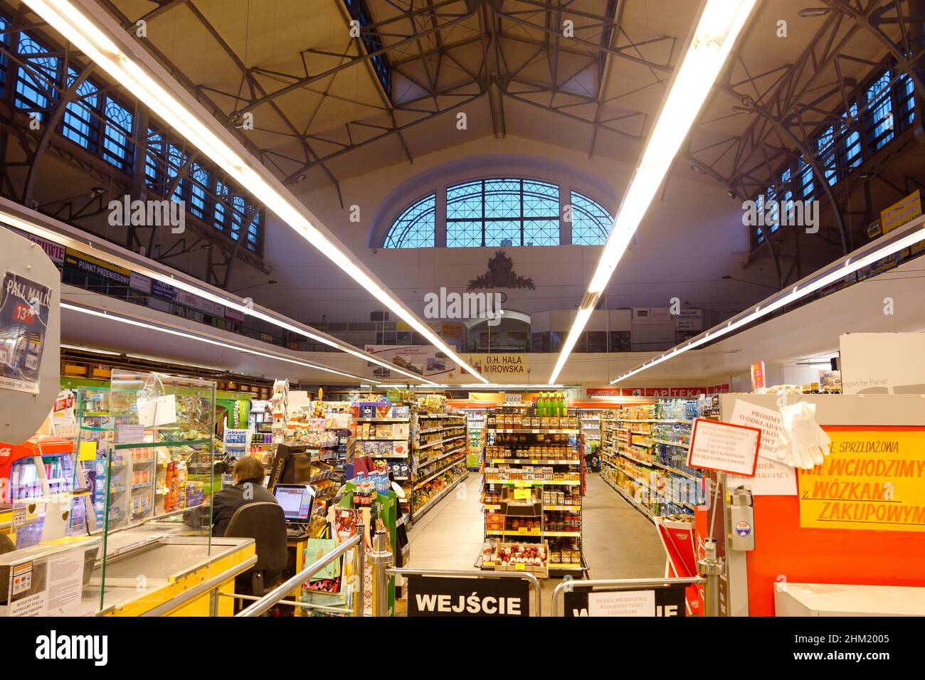 Supermarket inside Hala Mirowska, Mirów district, central Warsaw, Poland, August 2021 Stock Photo